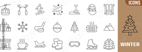 Winter holiday sports line icons. snowflake icon set, santa icon set, skis icon set