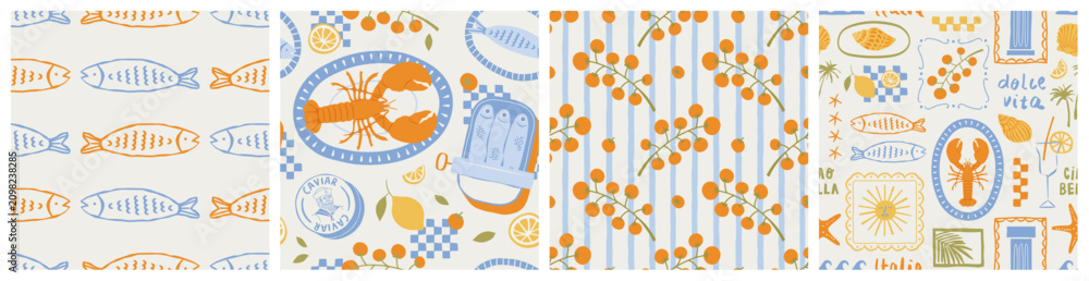Fototapeta premium Hand drawn summer vacation seamless pattern set. Colorful beach travel background collection with lobster, palm tree and text quote doodle. Sea food wallpaper print texture, trendy surface design.