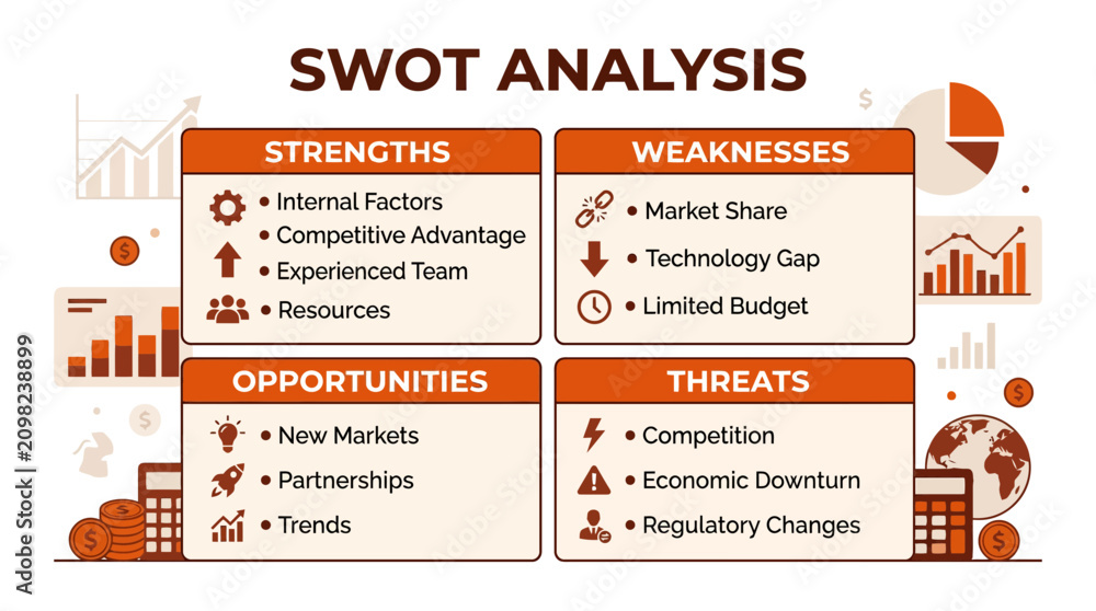 Naklejka premium Business SWOT analysis infographic with strengths weaknesses opportunities threats.