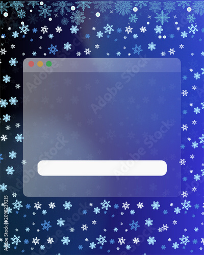 Winter themed application window template framed by falling snowflakes and icy blue textures with a blank content area and rounded input bar for seasonal web mockups and holiday promotions