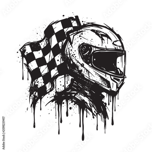 Black and white ink of a motorcycle racing helmet and a checkered flag, featuring heavy paint drips and spray paint splatter on a white graffiti style