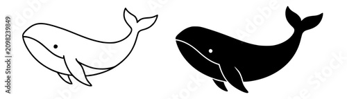 Tableau sur toile Minimalist whale icon in outline and silhouette design, transparent