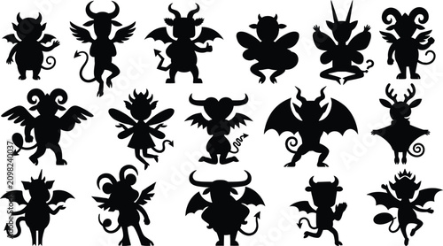 Fényképezés Black silhouette collection of mythical creatures demons imps and winged beasts