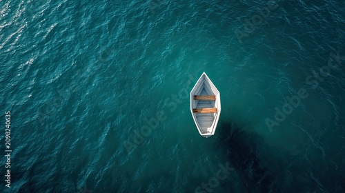 White paper boat floating on dark blue lake water with ripples, quiet water origami vessel reflection for motivational poster growth business ambition design