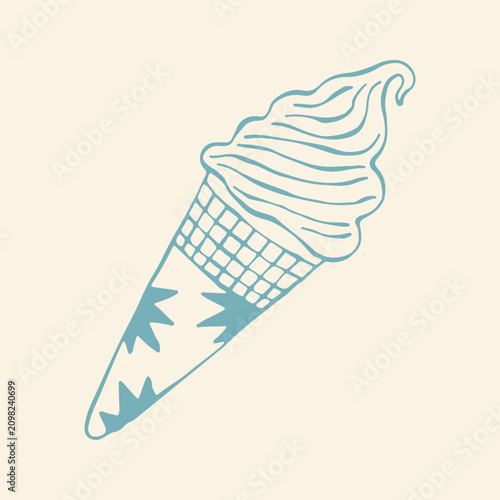 Vector illustration of soft serve frozen yogurt swirled high into a waffle cone with starburst decorations. Hand drawn blue line art icon for summer gelato and soft creamery treats