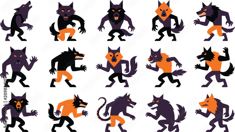 Obraz premium Cartoon werewolf character set halloween monster designs for graphic design and illustration projects