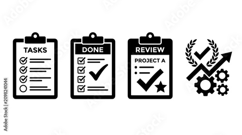 Task management icons, productivity symbols, checklist vectors, business workflow graphics isolated on White Background