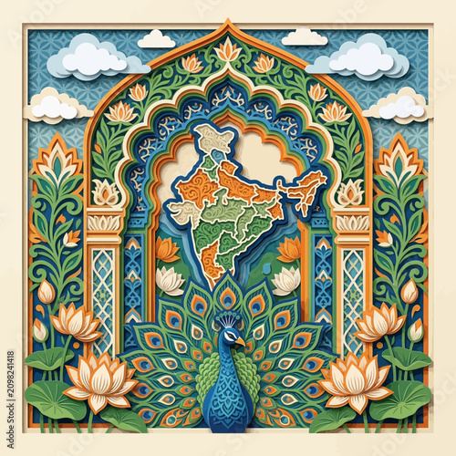 India map, peacock, lotus flowers, ornate arch, cultural art, paper craft