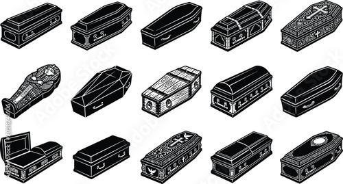 Billede på lærred Variety of coffins and caskets illustration funeral arrangements and burial opti