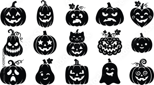 Cuadro en lienzo Halloween pumpkin carving silhouettes a collection of black and white jack o' la