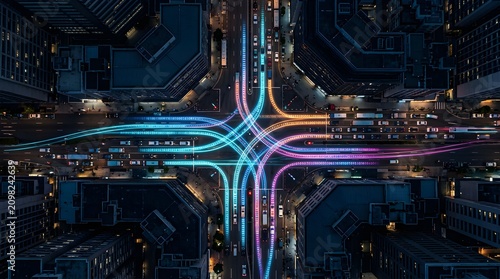 Aerial view of a city street intersection with digital data light trails