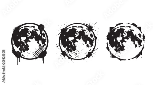 Three artistic moon featuring graffiti style splatters and textures in a black and white set isolated on a white background