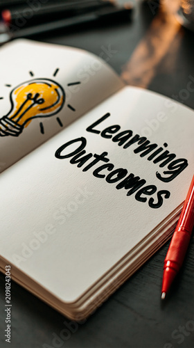 Learning Outcomes and Idea Bulb: An open notebook displays the words Learning Outcomes alongside a hand-drawn light bulb, symbolizing inspiration and knowledge acquisition.