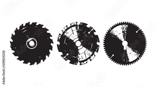 Three circular saw blades with different textures and patterns, graffiti isolated on a white background, black and white style, industrial tool