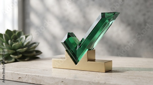 Elegant 3D green glass check mark on marble surface