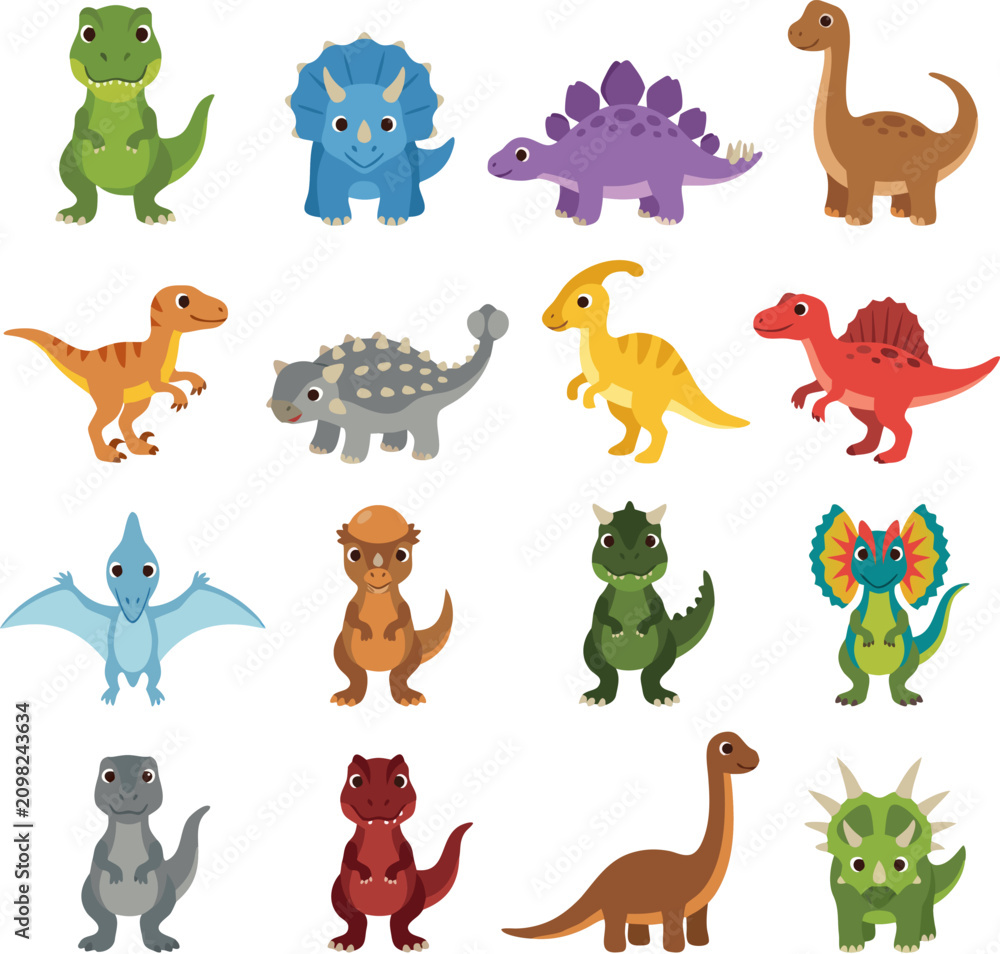 Obraz premium Vector illustration bundle of sixteen cute prehistoric dinosaur characters. Featuring Tyrannosaurus Rex (T-Rex), Triceratops, Stegosaurus, Brachiosaurus, Velociraptor, Ankylosaurus, Parasaurolophus