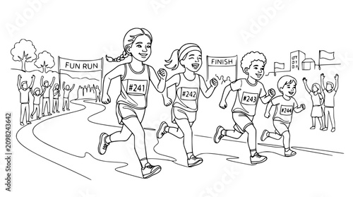 Children race to the finish line at a fun run event, cartoon style, line art illustration.