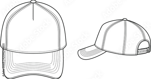 Foto Technical fashion sketch of classic baseball cap with adjustable snapback closur