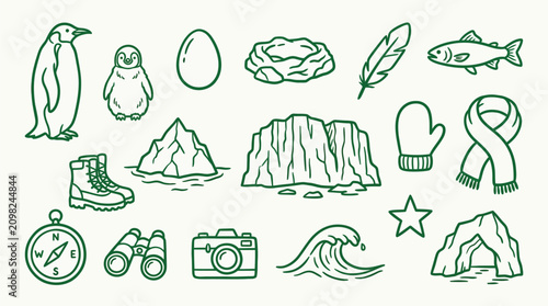Obraz na płótnie Collection of hand-drawn icons representing Antarctic wildlife, landscape, and exploration gear