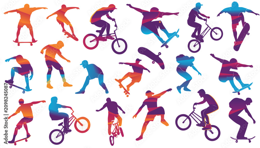 Obraz premium Sport Silhouette Vector Collection of People in Action with Cycling, BMX, Basketball, Gymnastics, Dance and Fitness Exercise Figures for Athletic Icon Design Illustration