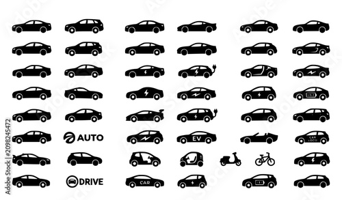 Schilderij op canvas Flat Vehicle Icon Collection with Cars Transportation Symbols and Auto Pictogram