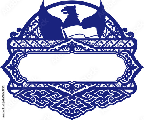Ornate indonesian frame featuring garuda pancasila emblem and batik pattern borders vector art illustration