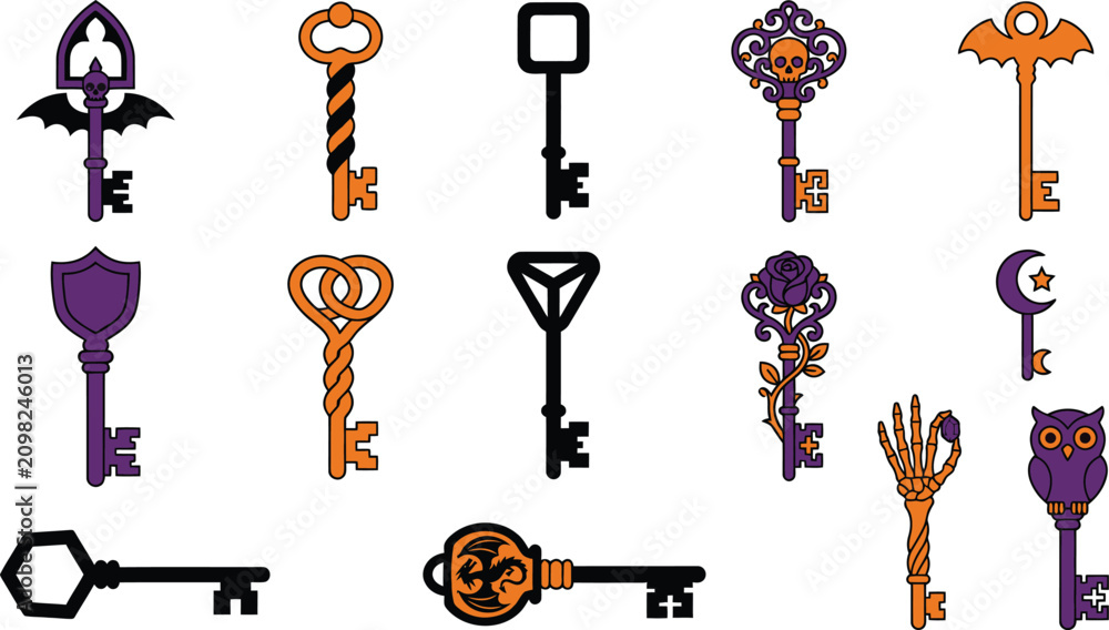 Naklejka premium Collection of halloween themed skeleton keys with unique designs and ornate details