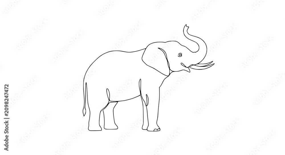 Fototapeta premium Minimalist single line drawing of an elephant with its trunk raised, isolated on white background.