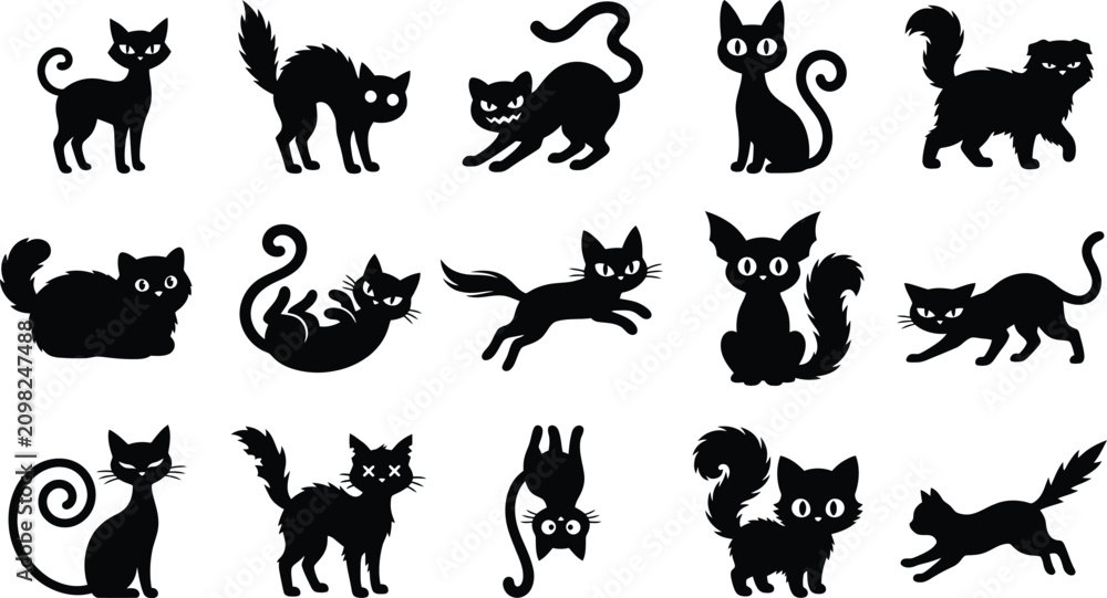 Fototapeta premium Black cat silhouettes collection halloween designs for crafts and digital projects