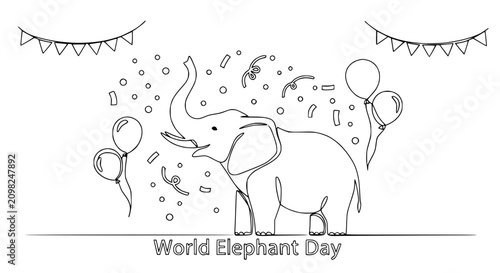 Obraz na plátně World Elephant Day celebration with line art elephant, balloons, and confetti