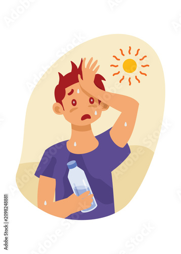 Boy holding a mineral water, exhausted by heatwave. Simple flat illustration.