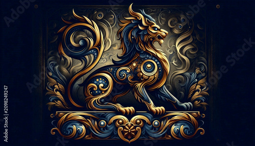 A powerful and majestic depiction of a griffin, a mythical creature with the body of a lion and the head and wings of an eagle, in a heraldic style, Ai generated image