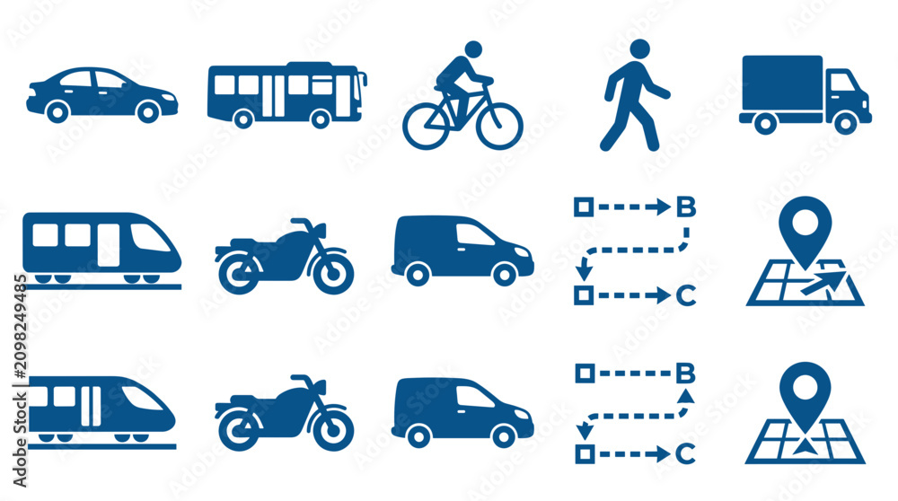 Fototapeta premium Transportation icons, vehicle symbols, travel signs