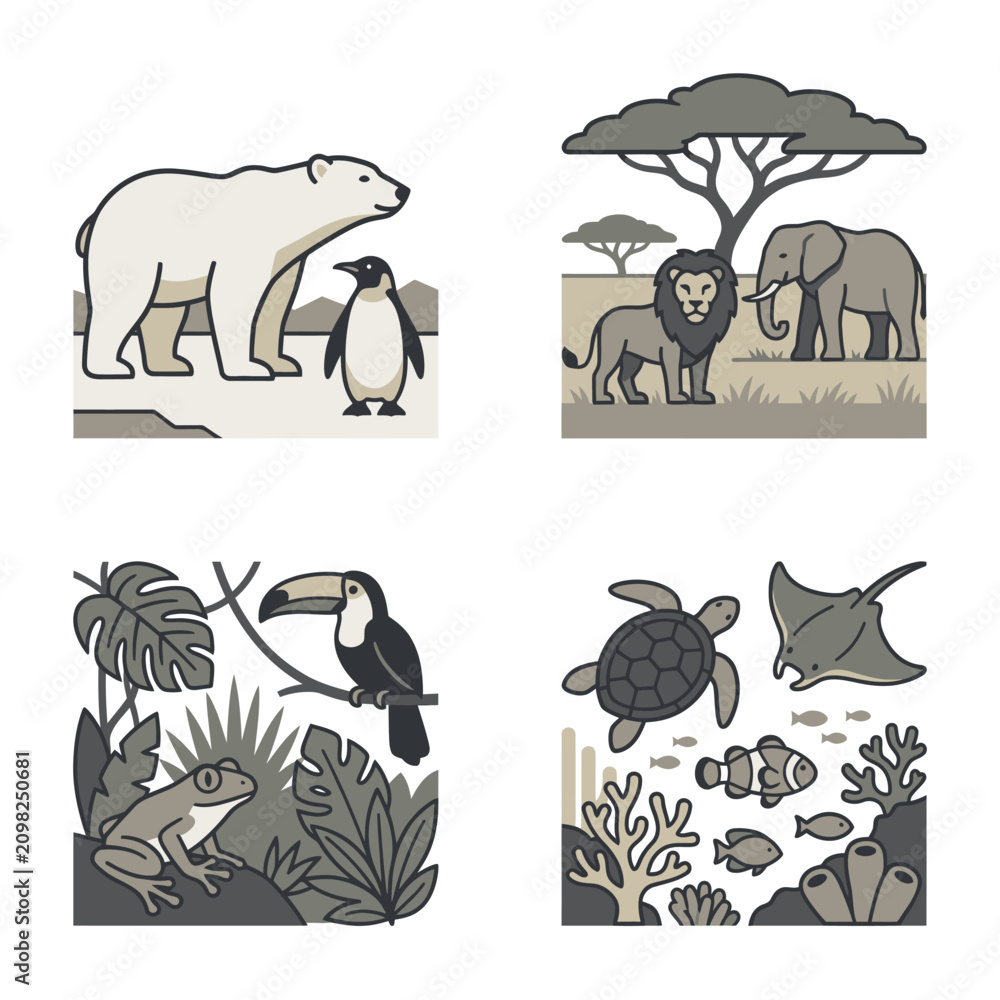 Obraz premium Diverse Animals in Stylized Ecosystems: Arctic Penguin & Polar Bear, Tropical Frog & Toucan