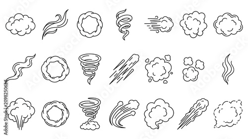 Bild auf Leinwand Smoke and wind gust icons set showing various clouds steam swirls and airflow lines