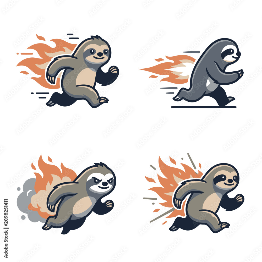 Fototapeta premium Funny Cartoon Sloth Running Fast on Fire