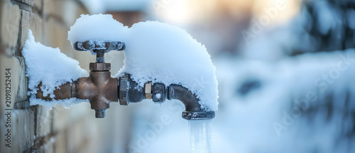 Frozen outdoor faucet with snow.