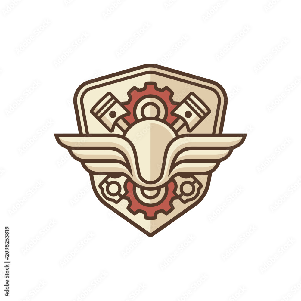 Obraz premium Steampunk emblem with wings, gears, and piston. Retro mechanical badge design.