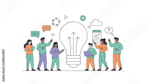Team of professionals brainstorming creative ideas around a glowing lightbulb for business development and strategic planning concepts.