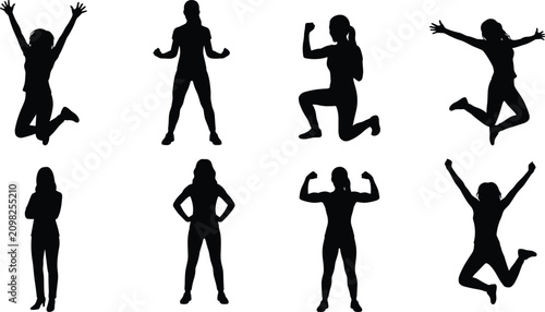 Photos Black silhouette illustration of people in dynamic confident poses including jum