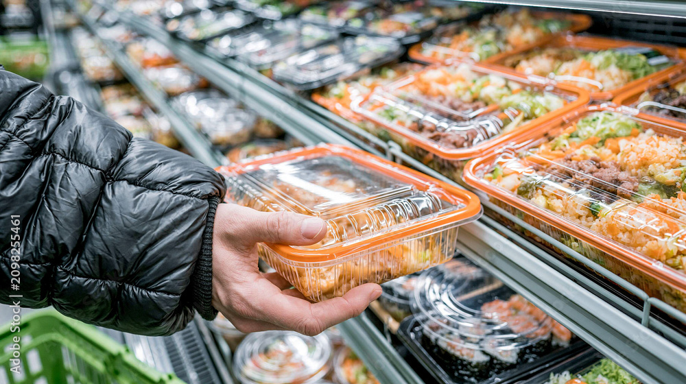 Fototapeta premium Grocery Shopping for Prepared Meals: A person's hand reaches for a pre-packaged meal in a refrigerated display case at a grocery store, showcasing convenience food options.