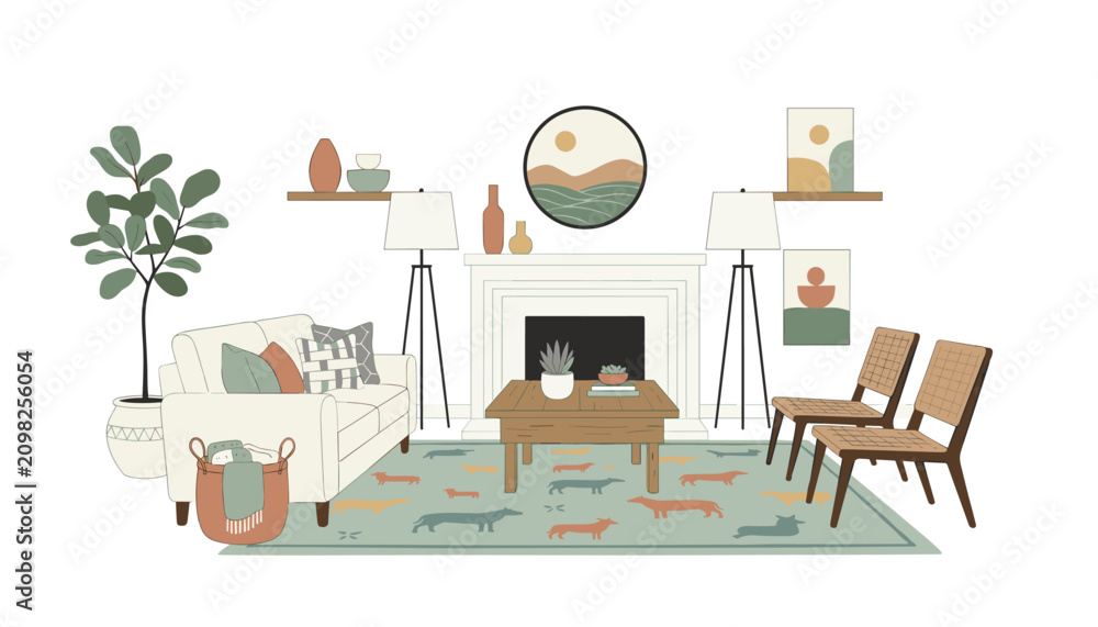 Fototapeta premium Cozy living room scene featuring a fireplace, comfortable seating area, wooden coffee table, patterned rug, and decorative plants in a warm home.
