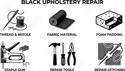 Foto Upholstery repair and furniture restoration icon set featuring thread needle fab