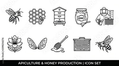 Black-and-white icon set illustrating apiculture and honey production, including bee, honeycomb, hive, jar, beekeeper, flower, wings, dipper, and extractor.