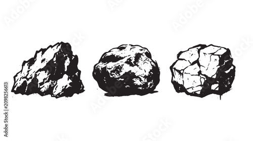 Three distinct types of rough rocks and stones illustrated in a bold graffiti black and white ink style on a white background, for natural textures