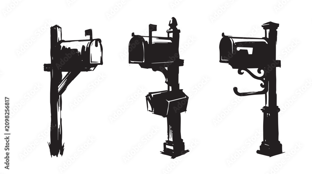 Fototapeta premium Three graffiti black and white hand-drawn mailbox on posts, including a wooden post, a double mailbox, and a decorative ornate post, on a white background