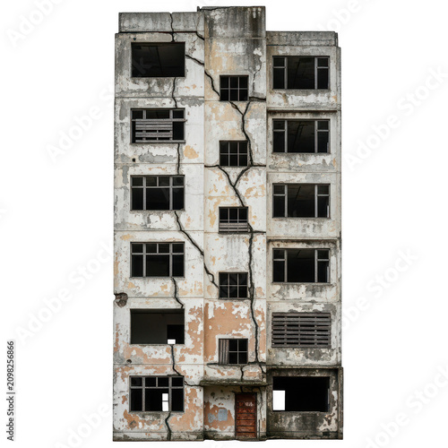 Old abandoned apartment building with damaged facade isolated on transparent background