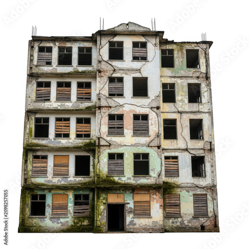 Old abandoned ruined apartment building with broken windows isolated on transparent background