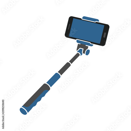 A blue and black smartphone mounted on an extendable selfie stick