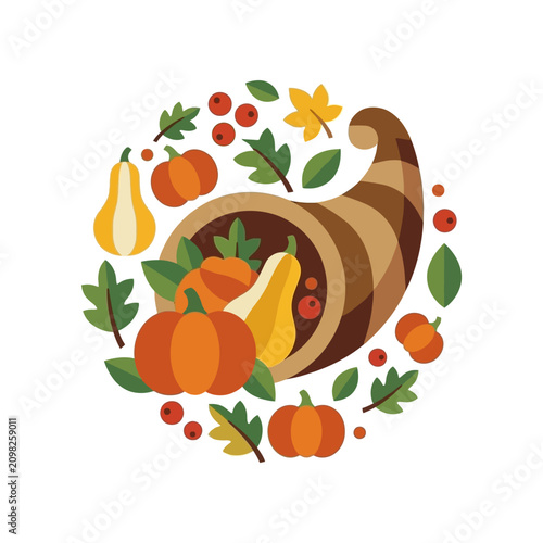 An autumn harvest cornucopia filled with pumpkins and colorful leaves